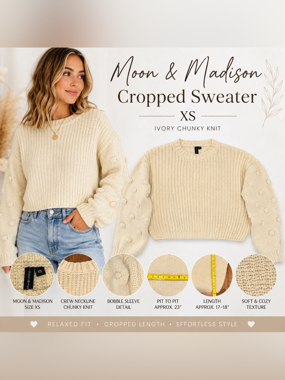 Moon & Madison Ivory Cropped Chunky Knit Sweater XS